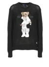 Ralph Lauren Bear Logo Mesh Knit Crewneck Sweater In Black