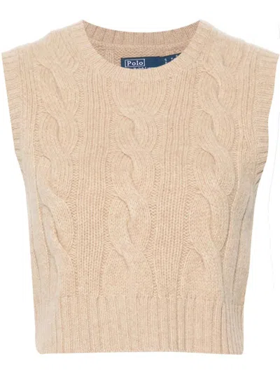 Polo Ralph Lauren Cropped Cable Wool-cashmere Sweater In Beige Khaki