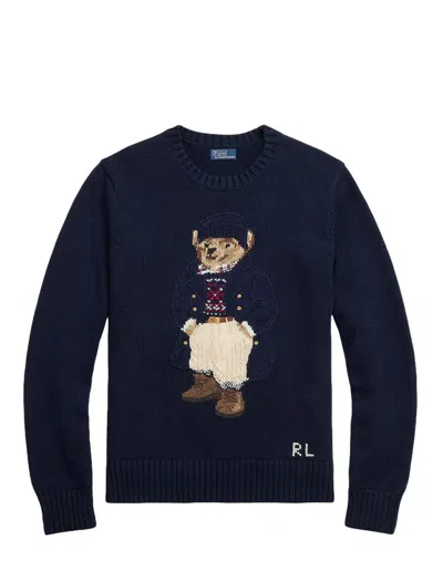 Ralph Lauren Polo Bear Cotton Crewneck Sweater In Hunter Navy Multi