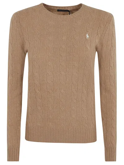 Ralph Lauren Logo Embroidered Cable Knit Sweater In Medium Beige