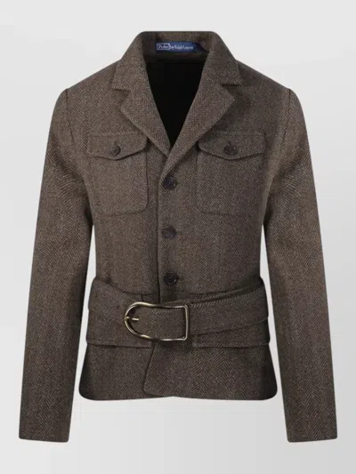 Ralph Lauren Tailored Mid Length Herringbone Belted Coat In Brown