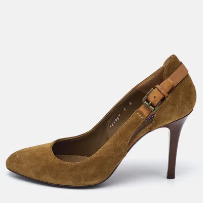 Ralph Lauren Tan Leather And Suede Buckle Pumps In Brown