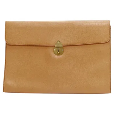 Pre-owned Ralph Lauren Tan Textured Leather Gold Logo Push Lock Flap Flat Clutch Bag In Brown
