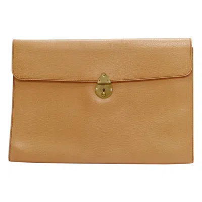 Pre-owned Ralph Lauren Tan Textured Leather Gold Logo Push Lock Flap Flat Clutch Bag In Brown