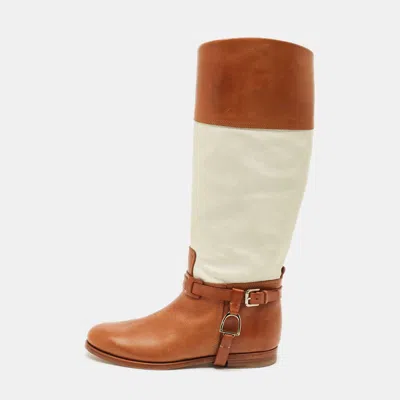 Ralph Lauren Tan/white Canvas And Leather Riding Knee Length Boots In Multi