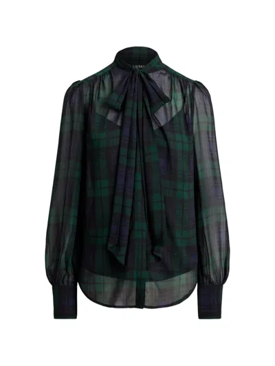 Ralph Lauren Womens Black Watch Tie Neck Plaid Sheer Blouse
