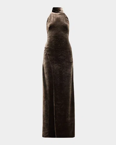 Ralph Lauren Tatum Velvet Halter Gown In Brown
