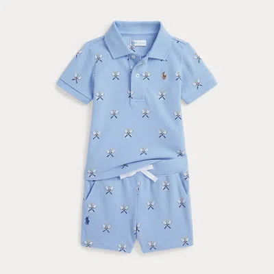 Ralph Lauren Babies'  Tennis-print Mesh Polo Shirt & Short Set In Blue