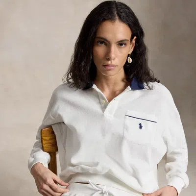 Polo Ralph Lauren Terry Long-sleeve Polo Shirt In White In Yellow