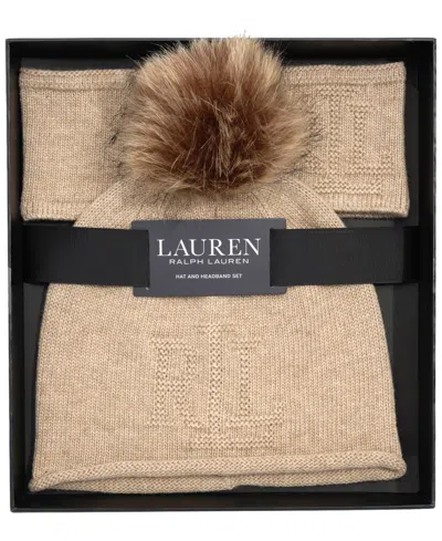 Ralph Lauren Texture Logo Headband And Beanie Set In Brown