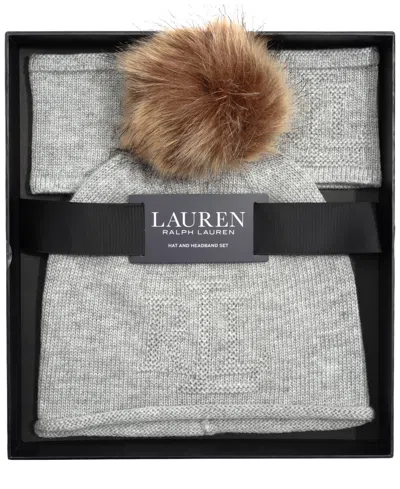 Ralph Lauren Texture Logo Headband And Beanie Set In Gray