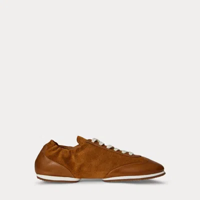 Ralph Lauren The Leather-suede Pony Ballerina Sneaker In Rum In Brown