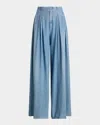 Ralph Lauren Tiana Denim Wide Leg Pleated Pants In Blue