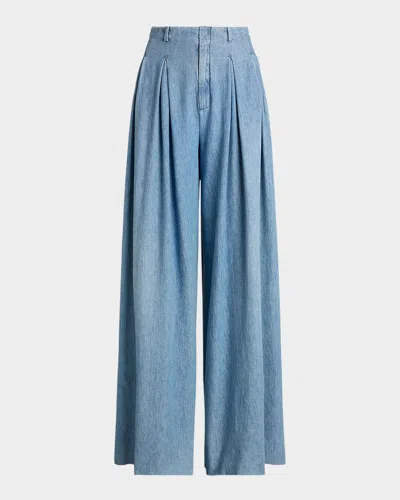 Ralph Lauren Tiana Denim Wide Leg Pleated Pants In Blue