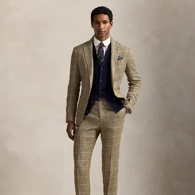 Ralph Lauren Tick-weave Linen-silk Suit Trouser In Brown/tan Plaid