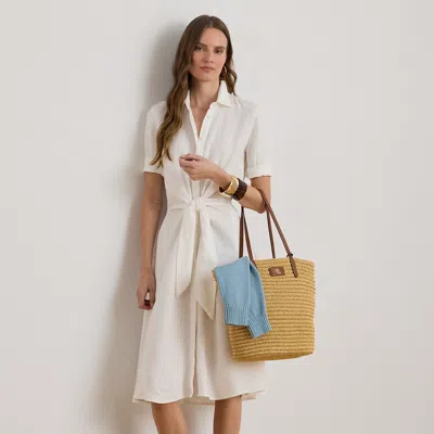 Ralph Lauren Tie-front Linen Shirtdress In White In Pink