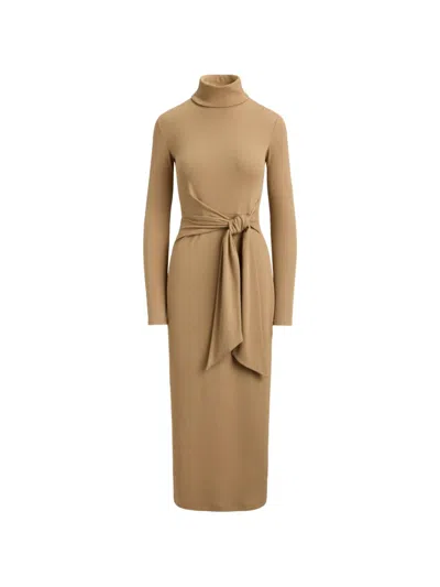 Ralph Lauren Tie-front Turtleneck Midi Dress In Brown