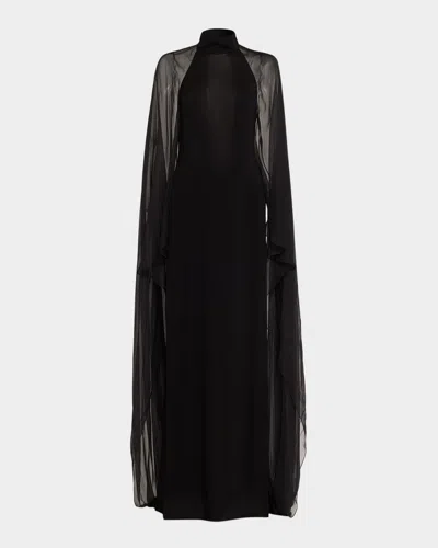 Ralph Lauren Tilly Cape-sleeve Jersey Backless Gown In Black