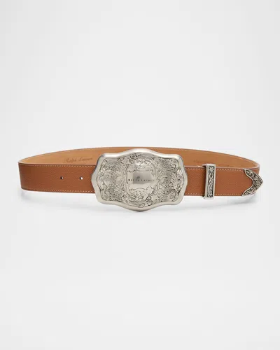 Ralph Lauren Tooled-buckle Pebbled Calfskin Western Belt In Brown
