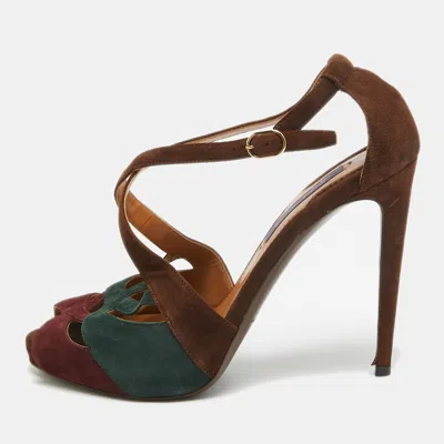 Pre-owned Ralph Lauren Tricolor Suede Cut Out Ankle Strap Sandals Size 38 In Brown
