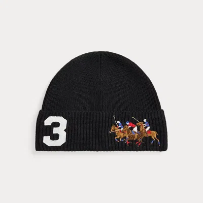 Ralph Lauren Triple-pony Rib-knit Beanie In Black