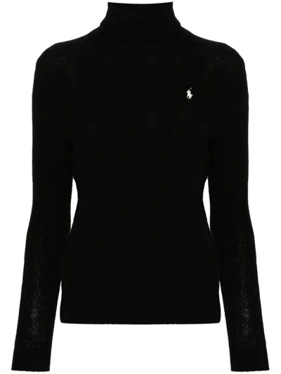 Ralph Lauren Cable Knit Turtleneck Sweater Logo Detail In Black
