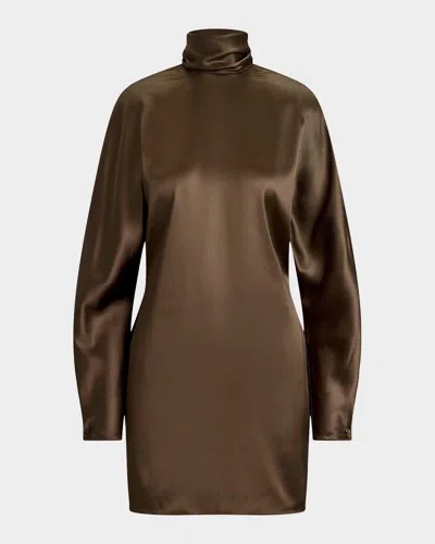 Ralph Lauren Turtleneck Long-sleeve Luxury Satin Mini Dress In Brown