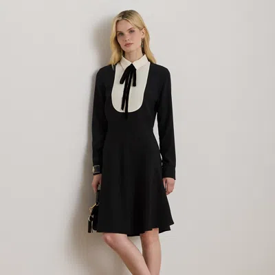 Ralph Lauren Two-tone Georgette Tie-neck Dress In Black