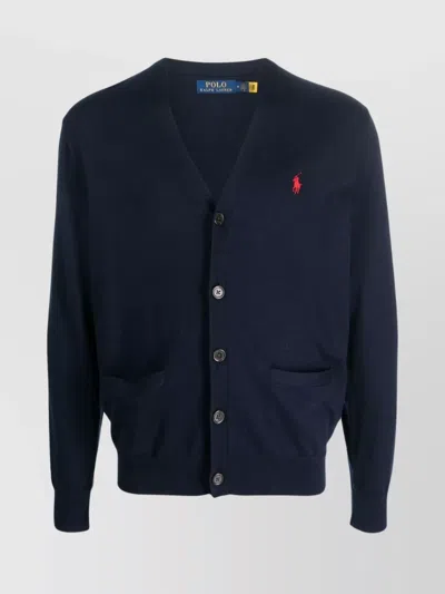 Ralph Lauren V-neck Cotton Cardigan Front Pockets In Blue