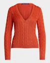 Polo Ralph Lauren V-neck High Shine Silk Cable Knit Sweater In Bright Orange