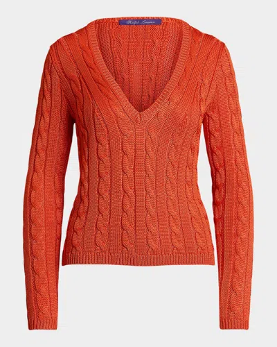 Polo Ralph Lauren V-neck High Shine Silk Cable Knit Sweater In Bright Orange