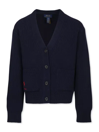 Ralph Lauren Kids' V-neck Logo-embroidered Cardigan In Blue