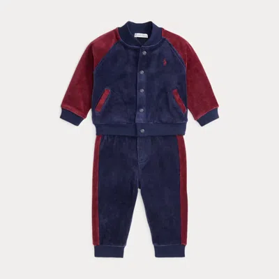 Ralph Lauren Babies'  Velour Baseball Jacket & Jogger Pant Set In Blue