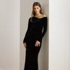 Ralph Lauren Velvet Asymmetrical Gown In Black