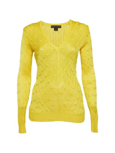Pre-owned Ralph Lauren Vintage Cable Knit V-neck Sweater In Yellow