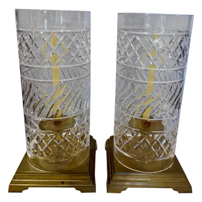 Pre-owned Ralph Lauren Vintage Crystal & Heavy Brass Hurricane Lanterns, Pair In Transparent