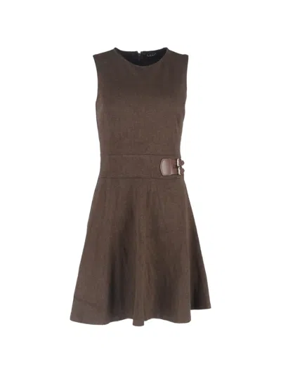 Pre-owned Ralph Lauren Vintage Herringbone Buckle-trimmed Mini Dress In Brown