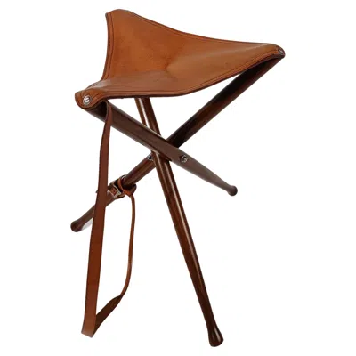 Pre-owned Ralph Lauren Vintage Hunting Campaign Folding Tripod Stool In Italian Cognac Leather And Wood In Brown