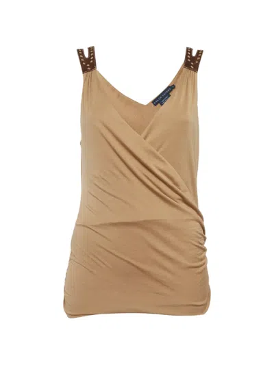 Pre-owned Ralph Lauren Vintage Leather-trim Draped Top In Brown