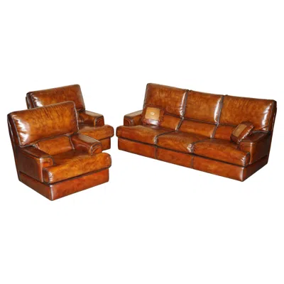 Pre-owned Ralph Lauren Vintage  Usa Restored Hand Dyed Brown Leather Sofa Armchair Suite
