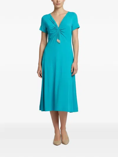 Pre-owned Ralph Lauren Vintage Ruched Beaded-tassel Midi Dress In Blue