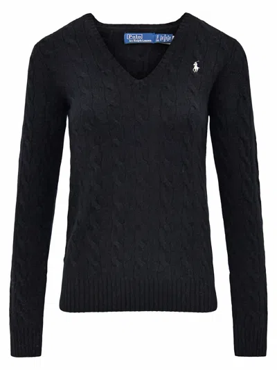 Ralph Lauren V-neck Cable Knit Sweater With Embroidered Logo In Black
