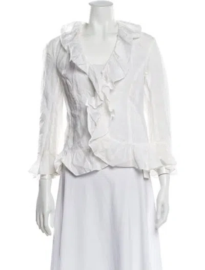 Pre-owned Ralph Lauren V-neck Three-quarter Sleeve Blouse In White