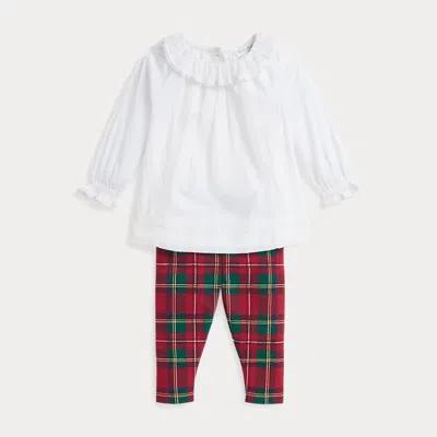 Polo Ralph Lauren Baby Lace-trim Top & Plaid Leggings Set In Multi
