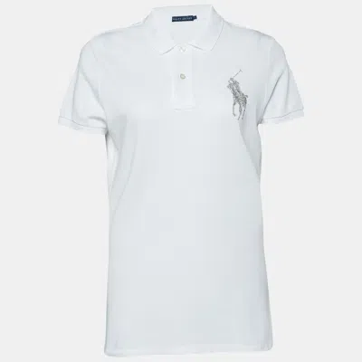 Pre-owned Polo Ralph Lauren White Cotton Pique Logo Embellished Polo T-shirt L