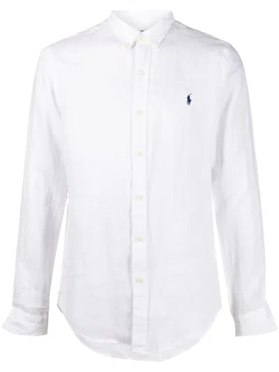 RALPH LAUREN WHITE LINEN SHIRT, BUTTON-DOWN PATTERN WITH LONG SLEEVES AND RED LOGO EMBROIDERY ON CHEST.