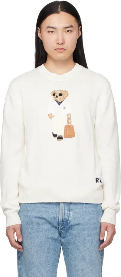 Ralph Lauren Polo Bear Logo-appliquéd Leather-trimmed Knitted Silk And Linen-blend Sweater In White