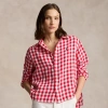 Ralph Lauren Wide Cropped Gingham Linen Shirt In Ruby Red/white