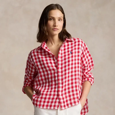Ralph Lauren Wide Cropped Gingham Linen Shirt In Ruby Red/white