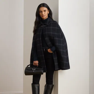 Ralph Lauren Windowpane Buckle-trim Wool-blend Cape In Black